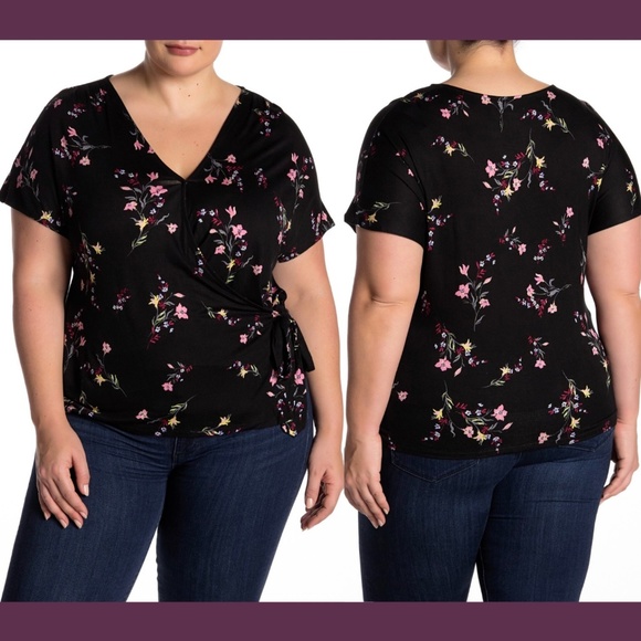 NWT 14th & Union Shirred Wrap‎ T-Shirt in Black/ Dream Day Blossom [SZ 2X ] - Picture 1 of 10